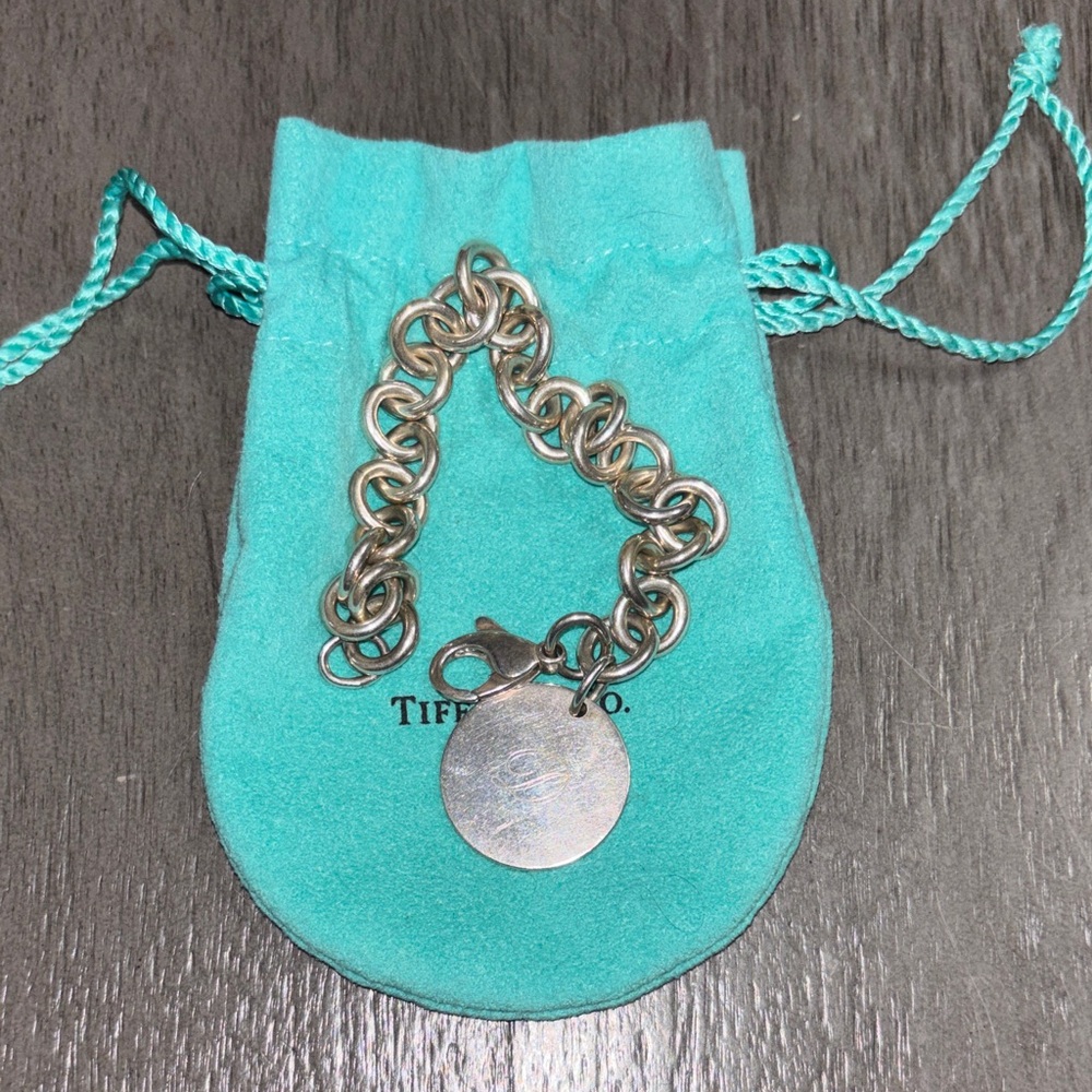Tiffany & Co. Sterling Silver Charm Bracelet with Round Tag - Turquoise Pouch